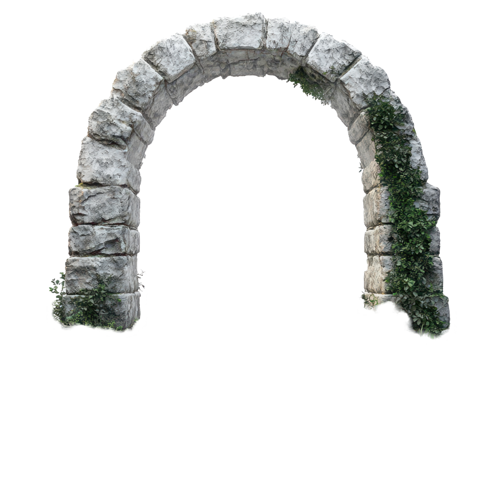 Stone path leads through archway into a mysterious white sky, stone path with a stone arch leading to a white sky, Transparent background png