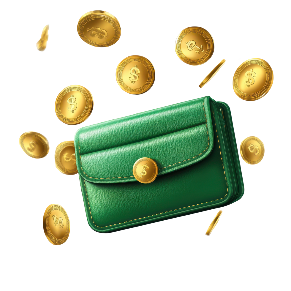 Green wallet floating against a Transparent background with golden coins surrounding it symbolizes wealth and prosperity, background a green wallet with flying golden coins on a transparent png