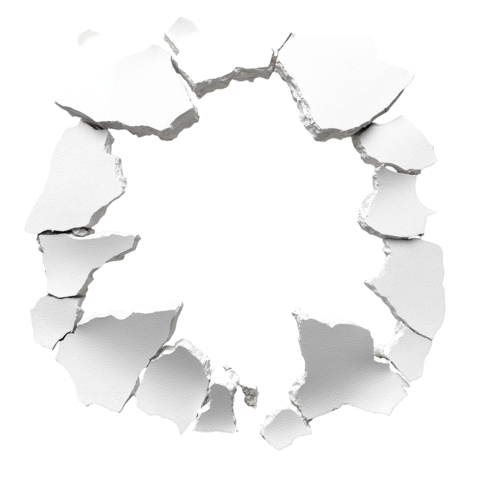 Wall torn open revealing a circular hole against a Transparent background, Wall Torn Open, Revealing Hole.. png
