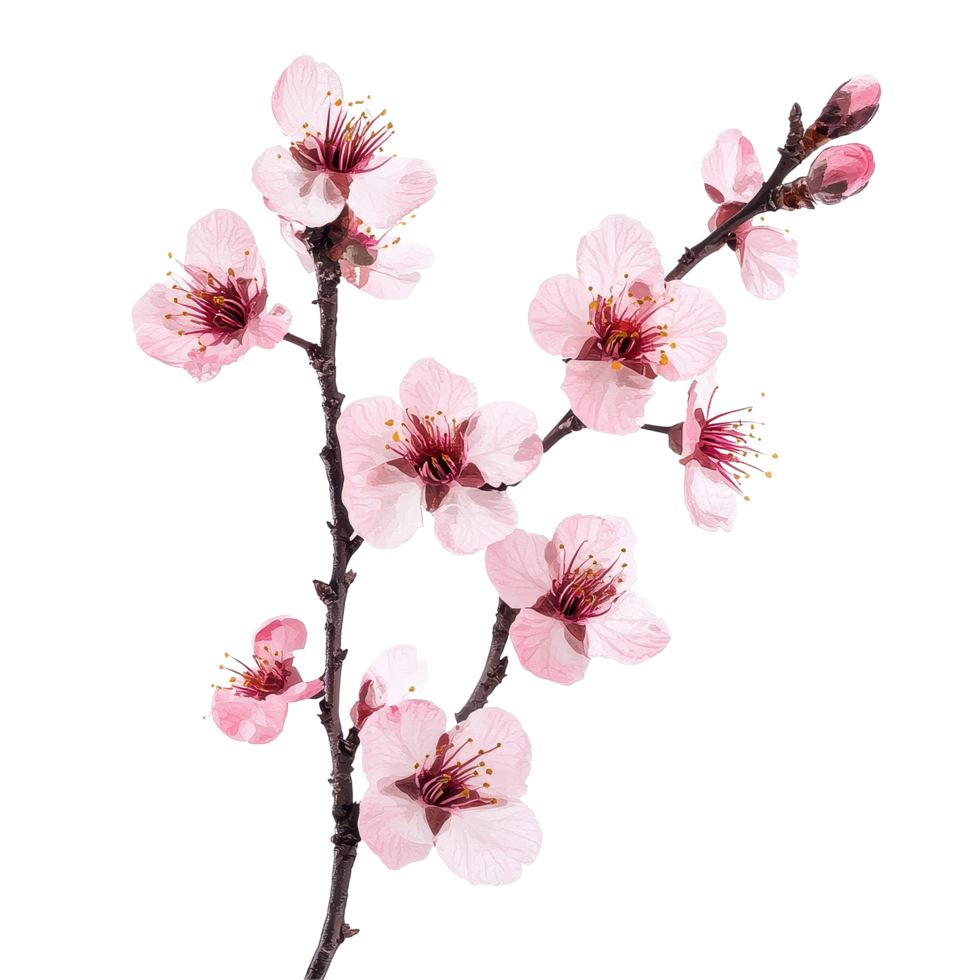 Cherry blossom branch with delicate pink flowers isolated on a clean Transparent background, sakura tree branch flower isolated on White background png