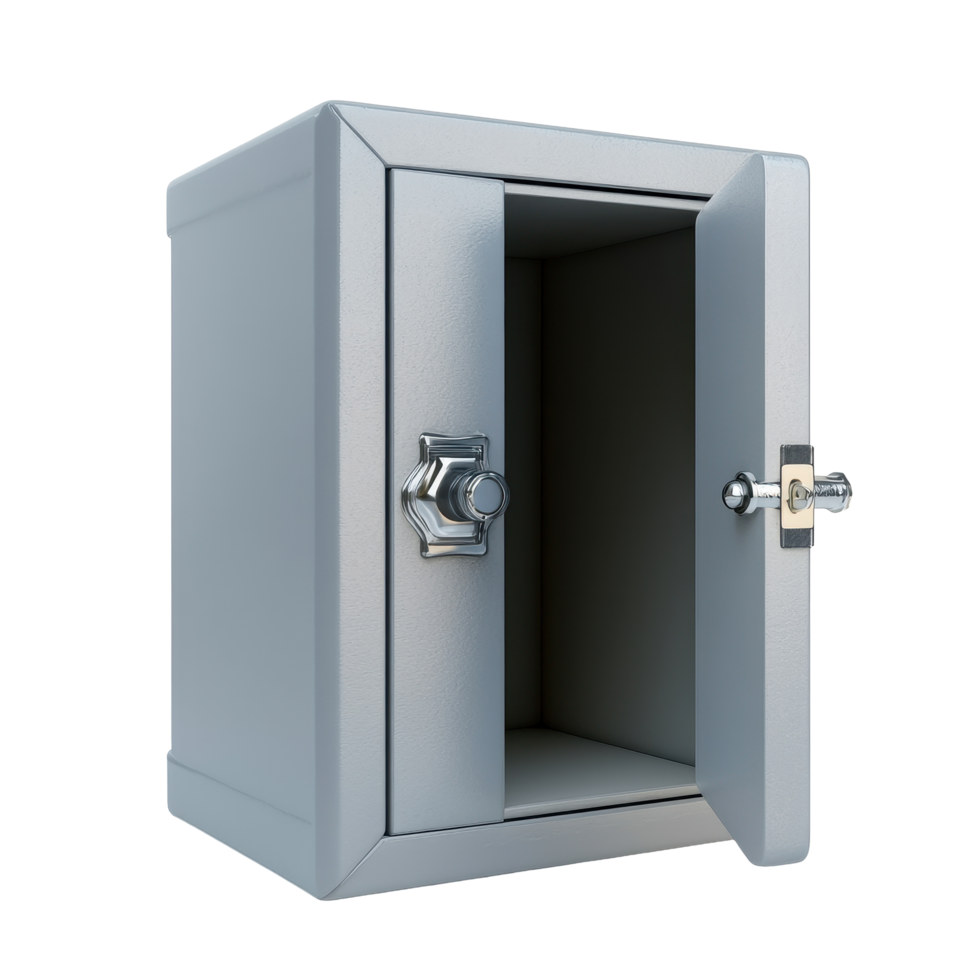 Secure safe box with open door isolated on a Transparent background showcasing ample storage space, Safe box isolated on png