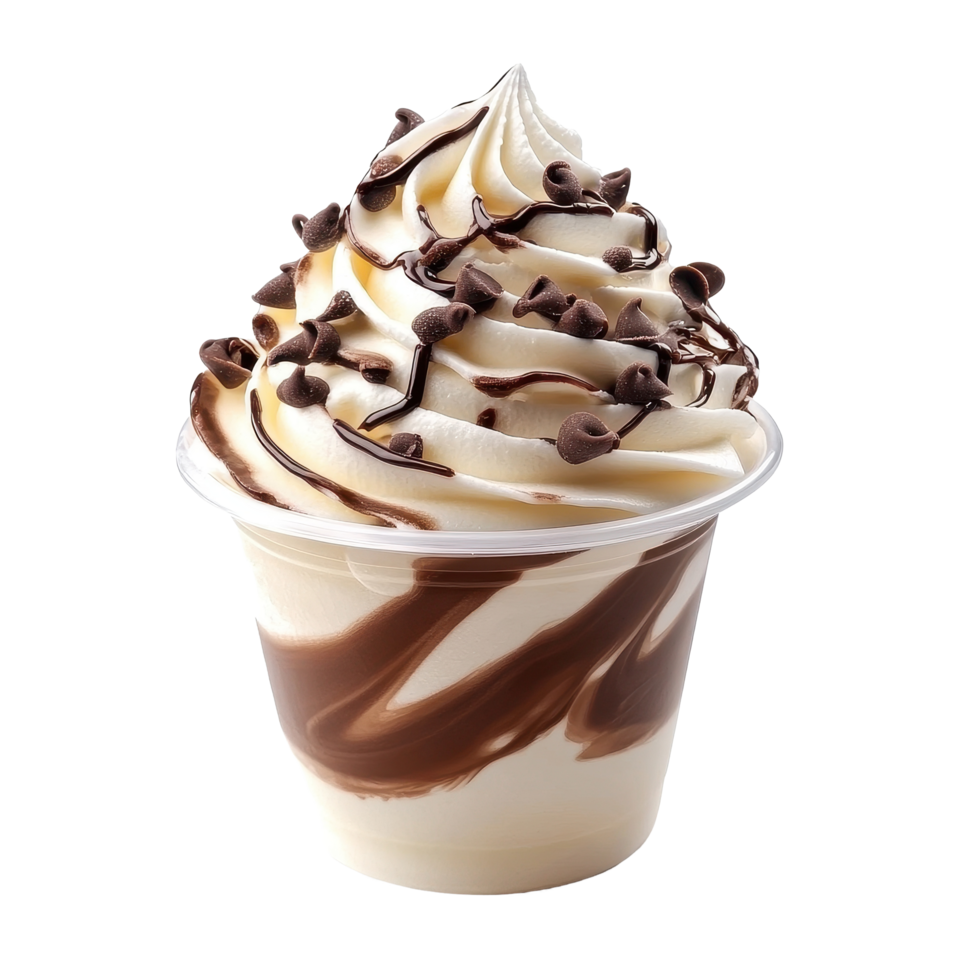 Delicious whipped cream dessert layered with rich chocolate in a clear plastic cup for sweet indulgence, Whipped cream dessert with chocolate in plastic cup isolated on Transparent background, png