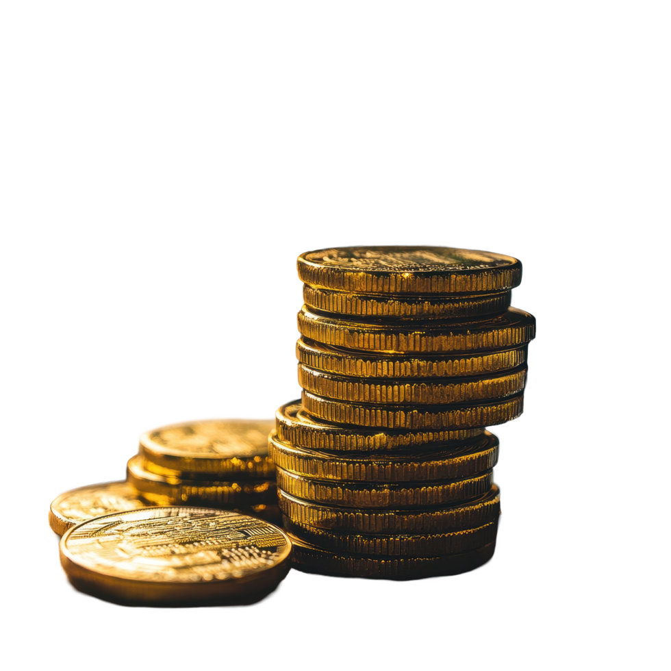 Stacked golden coins shine on a wooden desk with a soft background glow during the evening, Stack metal golden coins on the desk png