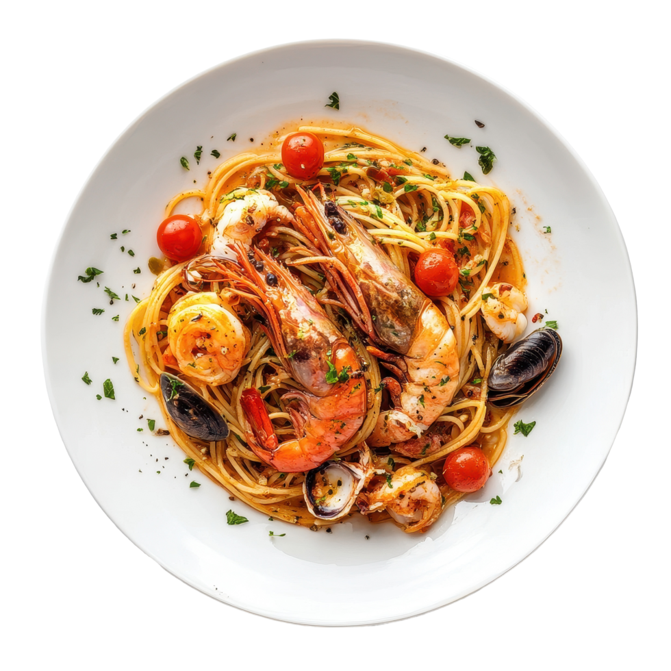 Spaghetti with seafood and cherry tomatoes served on a white plate, Spaghetti drunken seafood in the white plateisolated on Transparent background png
