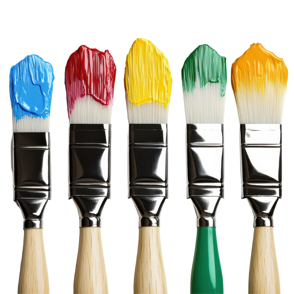 Colorful row of paint brushes displaying vibrant paint on a Transparent background, row paint brushes with different colors paint, background png