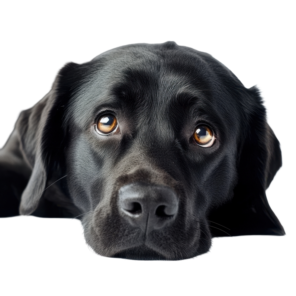 Sad Labrador retriever rests on a Transparent background, conveying a feeling of longing and emotion, Sad Labrador retriever on background png