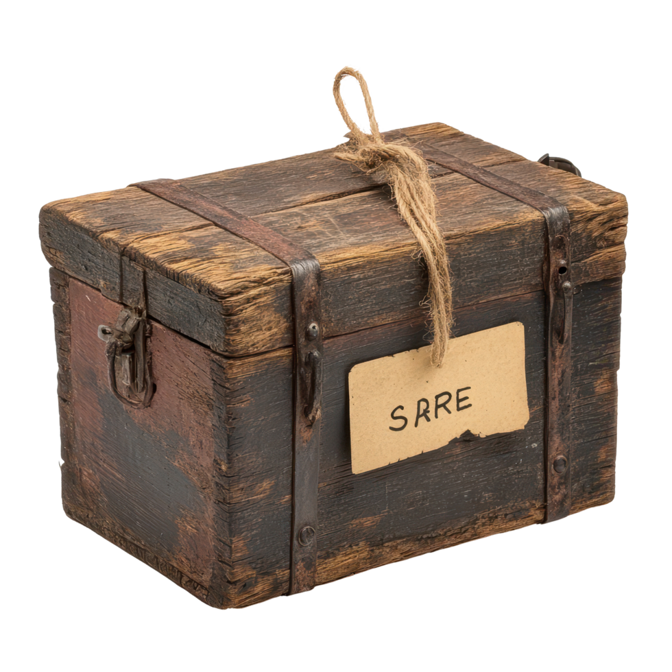 Wooden box with a spare sign on a simple Transparent background highlighting rustic charm, wooden box with a sign that says spare, background png