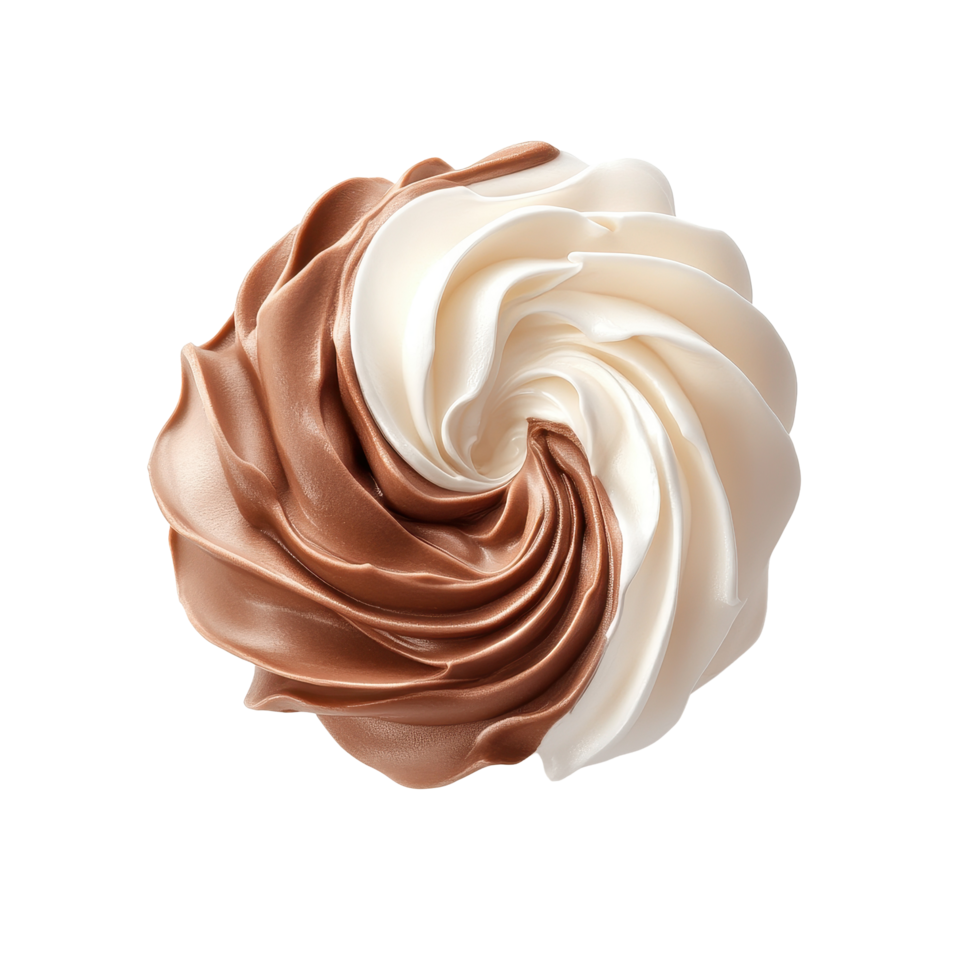 Whipped cream swirl featuring white and chocolate flavors on a Transparent background, white and chocolate whipped cream isolated on png
