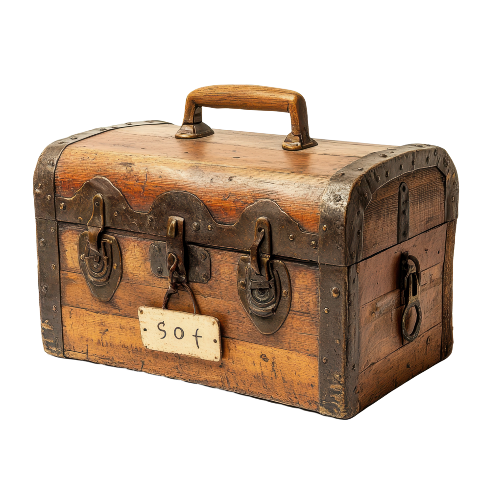 Wooden trunk with lock and sign displaying foot for storage and decoration purposes, wooden trunk with a lock and a sign that says foot, Transparent background png
