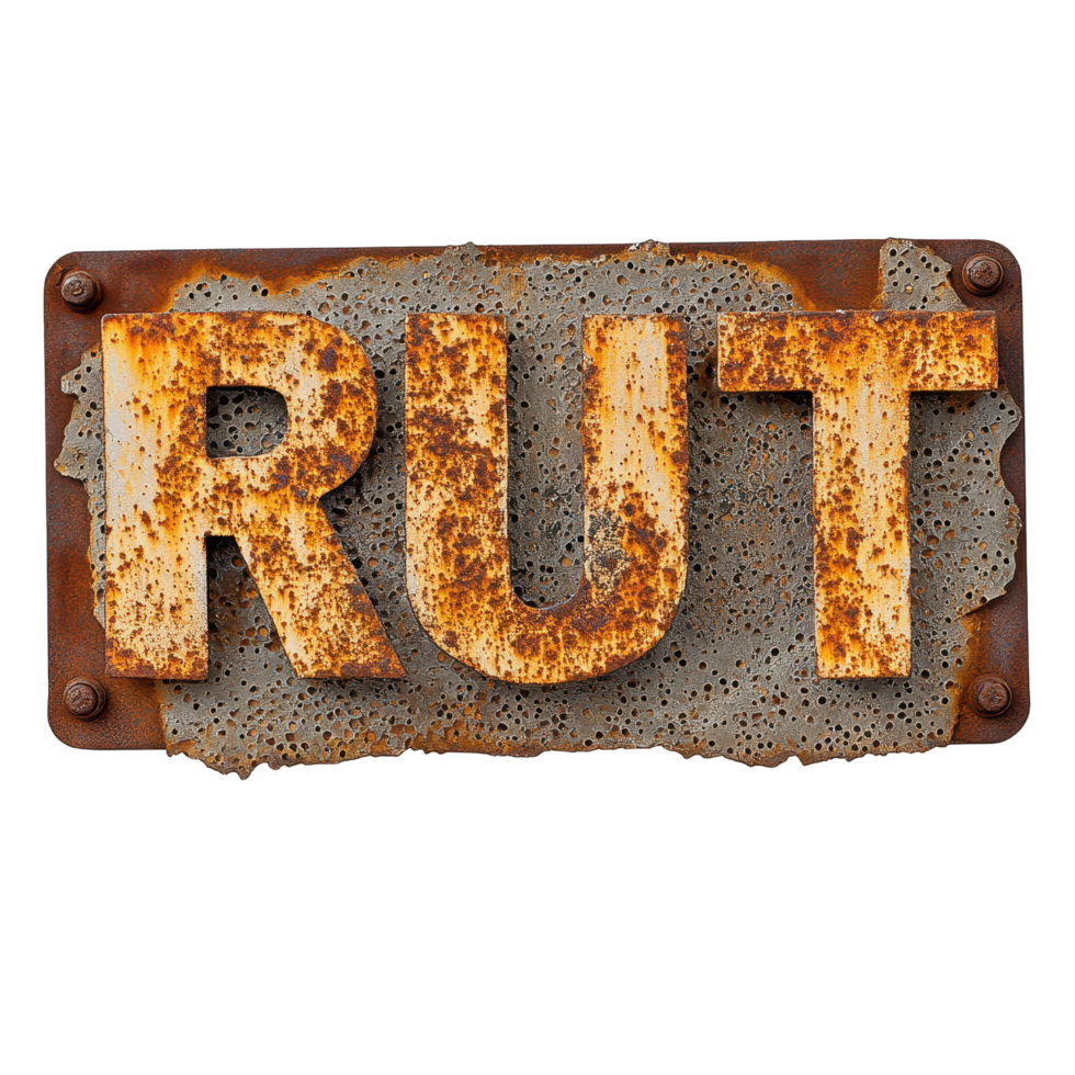 Rusted metal sign featuring the word rust prominently displayed on a textured background in an outdoor setting, rusted metal sign with the word rust written on it, Transparent background png