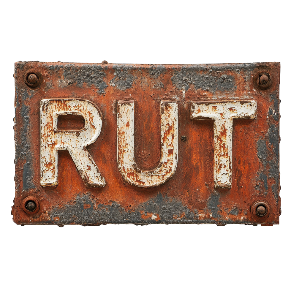 Rusted metal sign displaying the word rust in a weathered urban setting, rusted metal sign with the word rust written on it, Transparent background png
