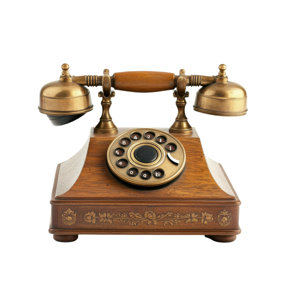 Vintage telephone with wooden case and rotary dial showcasing craftsmanship and historical design elements, Vintage Telephone with Wooden Case and Rotary Dial, Transparent background png