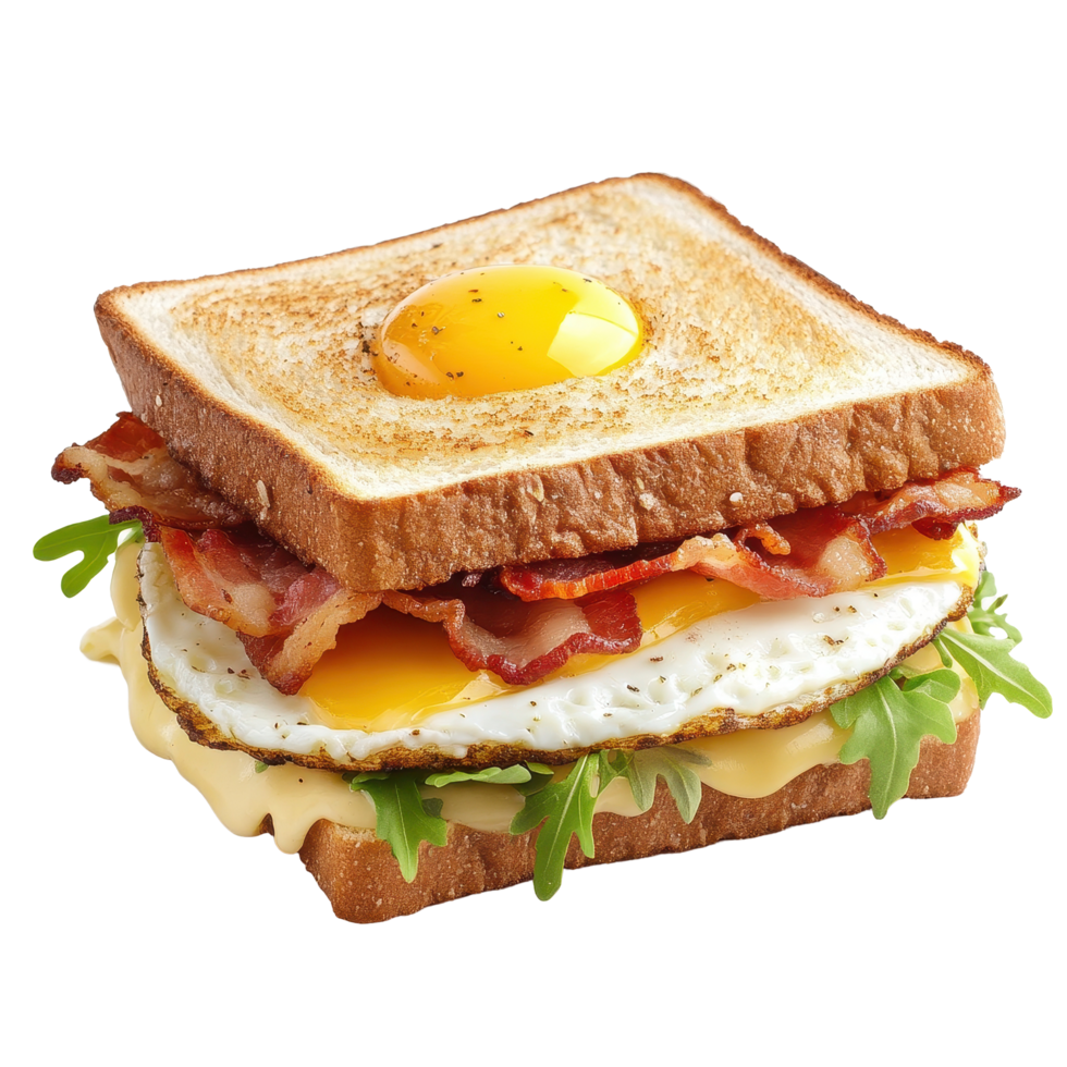 Delicious sandwich stacked with bacon, cheese, and egg on a Transparent background, Sandwich with bacon, cheese and egg on a png