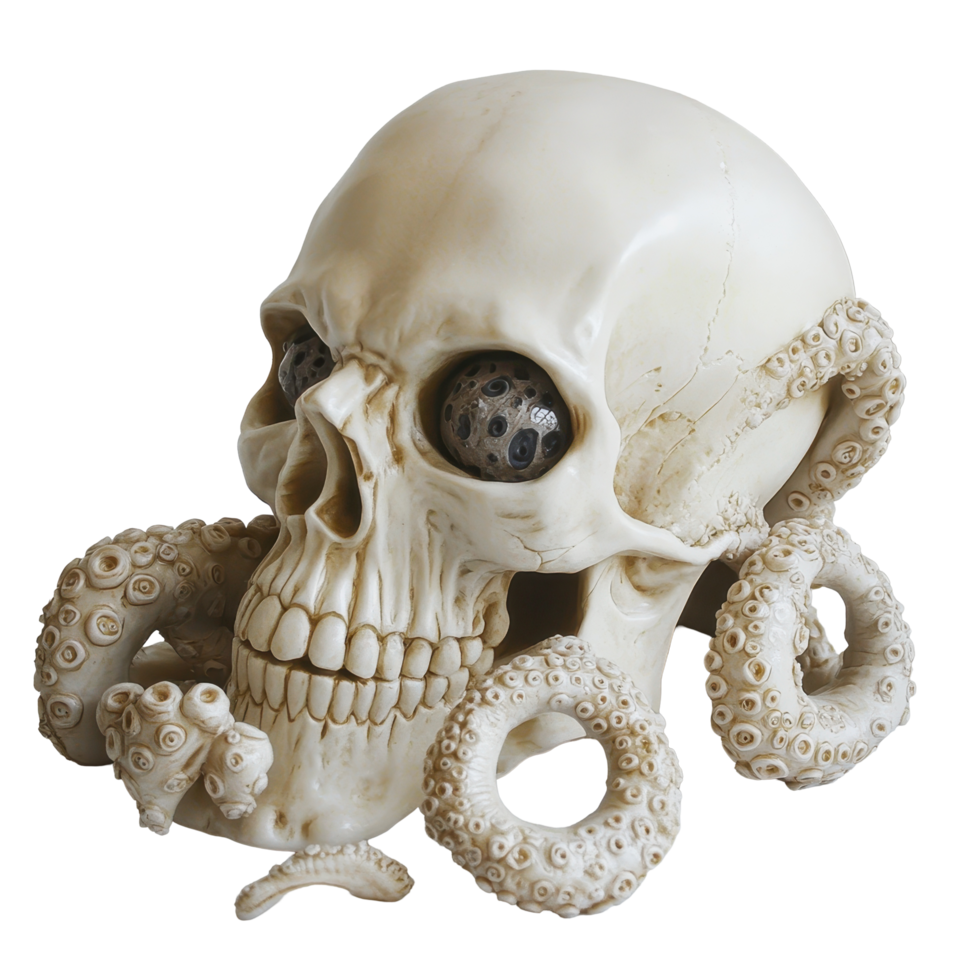 Skull adorned with tentacles and eyes resting on a white surface, skull with tentacles and eyes on a white surface, Transparent background png