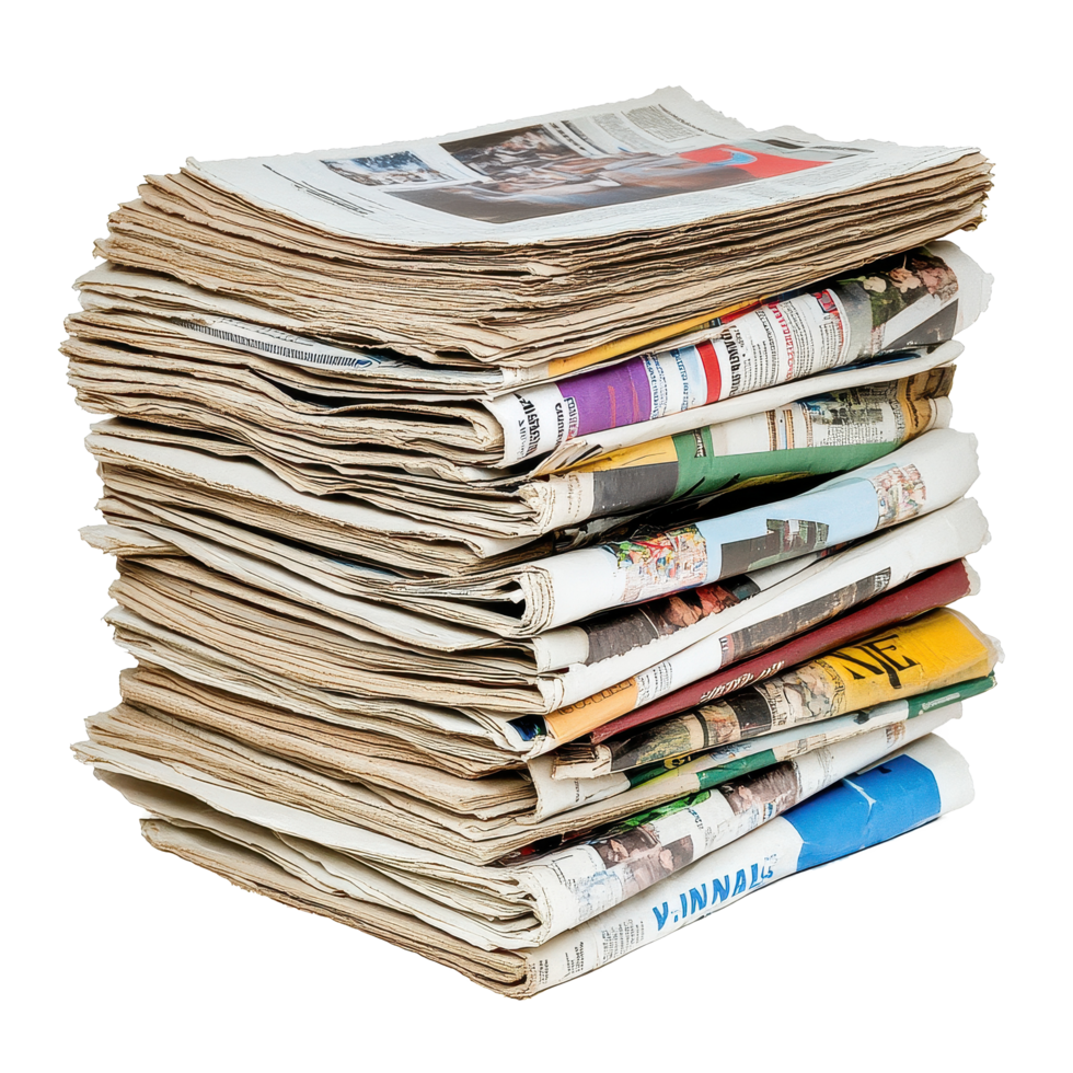 Stacked newspapers ready for recycling in an isolated location promoting environmental awareness, Stack newspapers recycling isolated knowledge documentation daily news png