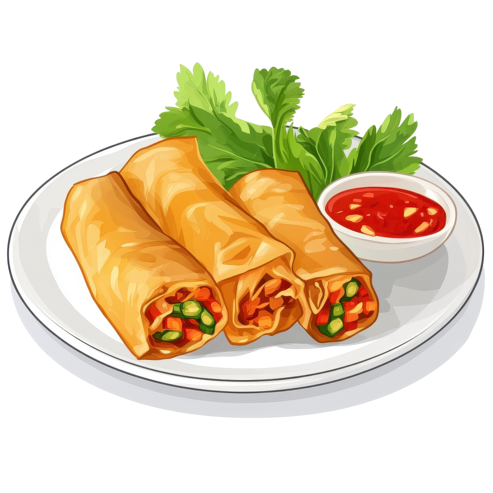 Delicious spring rolls served on a white plate with fresh herbs and dipping sauce perfect for any occasion, Spring rolls food in a plateisolated on Transparent background png