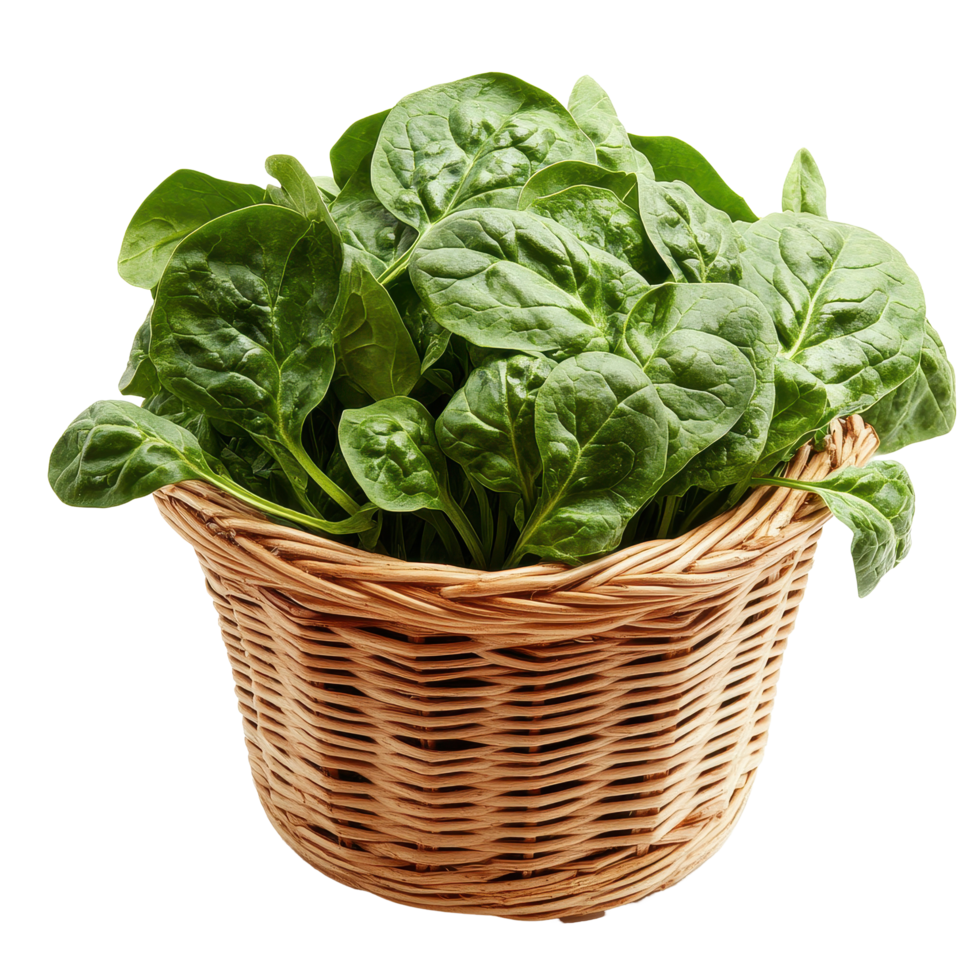 Fresh spinach leaves displayed in a woven basket against a clean Transparent background, Spinach leaves in basketisolated on background png
