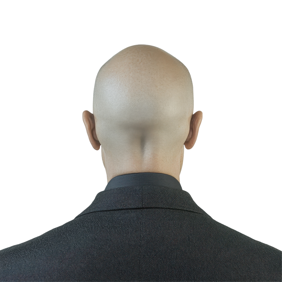 Bald man's head from the back against a clean, Transparent background, showcasing details of hairless scalp and suit, the back a bald man's head, background png