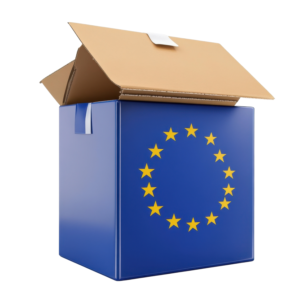Voting ballot box featuring the European Union flag isolated on Transparent background for electoral activities, Voting ballot box with EU flag, isolated on png