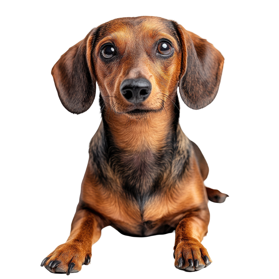 Sausage dog lying down on a Transparent background with a curious expression, sausage dog isolated on White background png