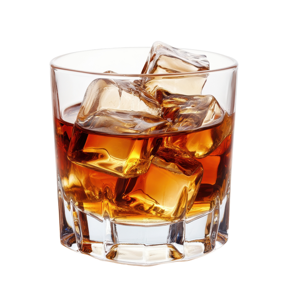 Enjoying a glass of whiskey on the rocks isolated against a Transparent background, whiskey with ice cubesisolated on background png