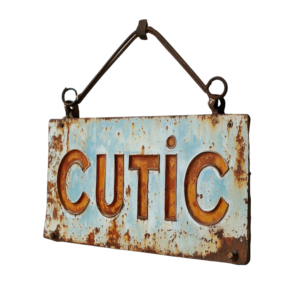Rustic hanging sign displaying the word cutic on a weathered wall in a vintage setting, rusty sign with the word cutic hanging on a wall, Transparent background png