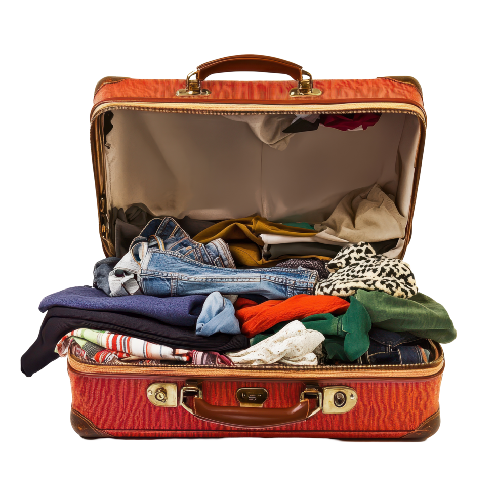 Packed suitcase filled with colorful clothes on a Transparent background ready for travel, suitcase with a lot clothes inside it, background png