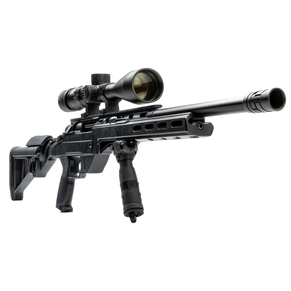 Scopemounted precision rifle with advanced optics in a minimalist Transparent background, Scope-mounted rifle with detailed optics, background png