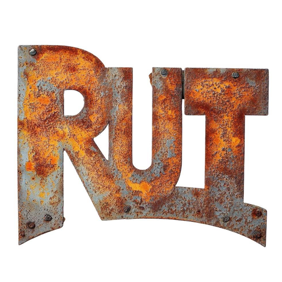 Rusted metal sign with the word rust highlighted in vivid detail against a plain background, rusted metal sign with the word rust written on it, Transparent background png