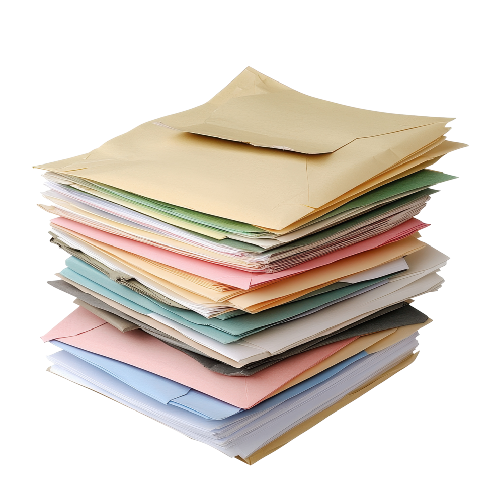 Stack of assorted envelopes and documents on a neutral background ready for organization or mailing, Stack Envelopes , Files , Documents, Transparent background png