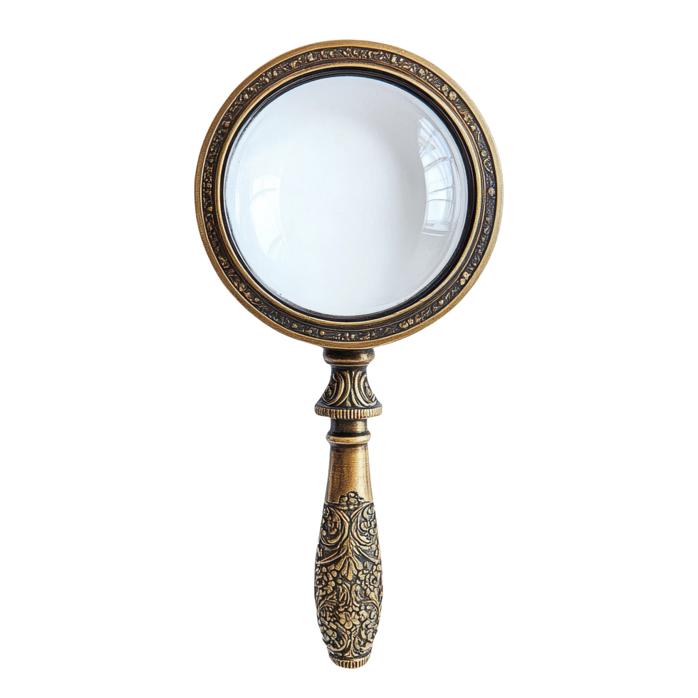Vintage retro style magnifying glass lens with ornate detailing and handle perfect for collectors and enthusiasts, Vintage Retro Style Magnifying Glass Lens - Transparent background, background png