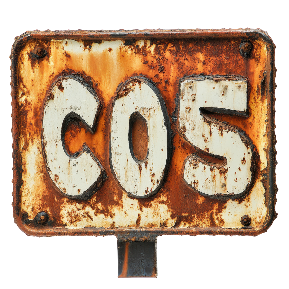 Weathered rusty sign with white letters spelling cost attracts attention at local roadside, rusty sign with the word cost painted on it, Transparent background png