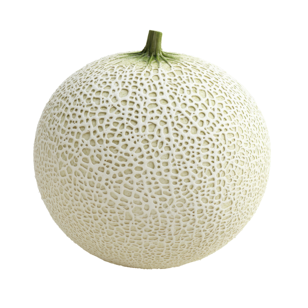Bright white cantaloupe melon isolated on clean Transparent background showcasing textured surface and natural shape, white cantaloupe melonisolated on background png