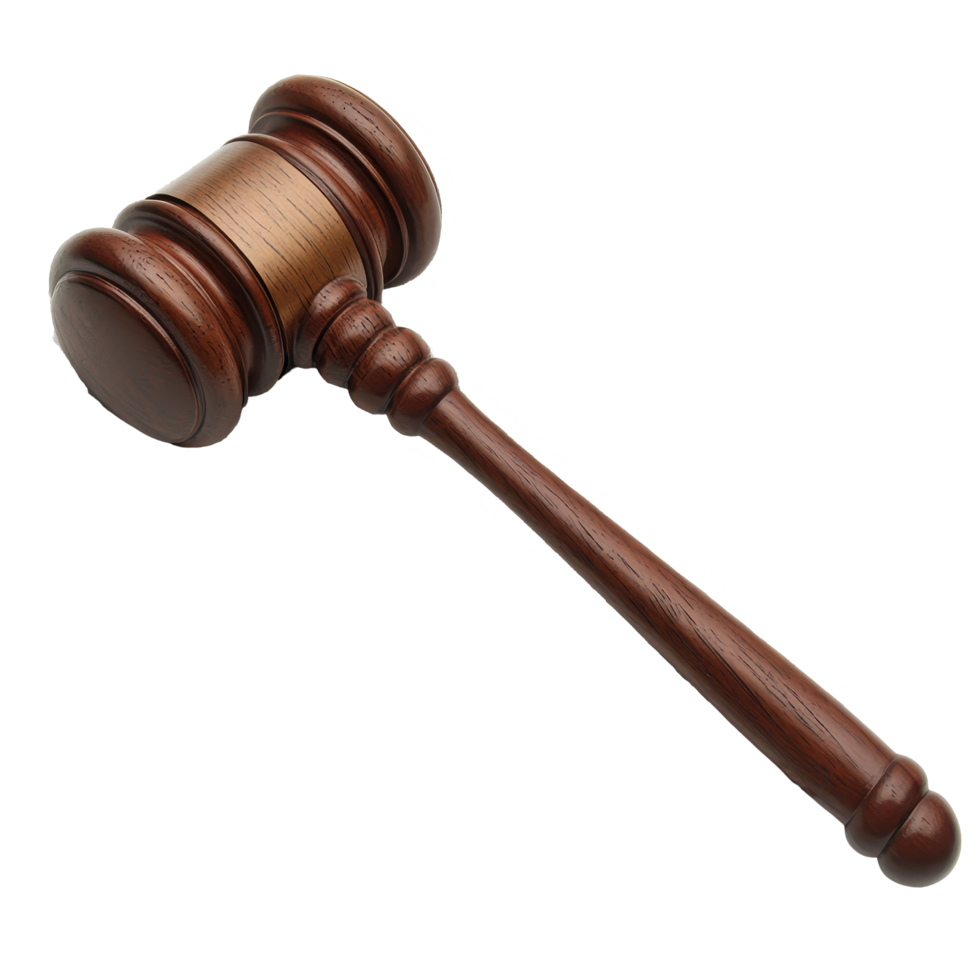 Wooden gavel resting on a newspaper highlights legal proceedings and justice system, wooden gavel sitting on top a newspaper, Transparent background png