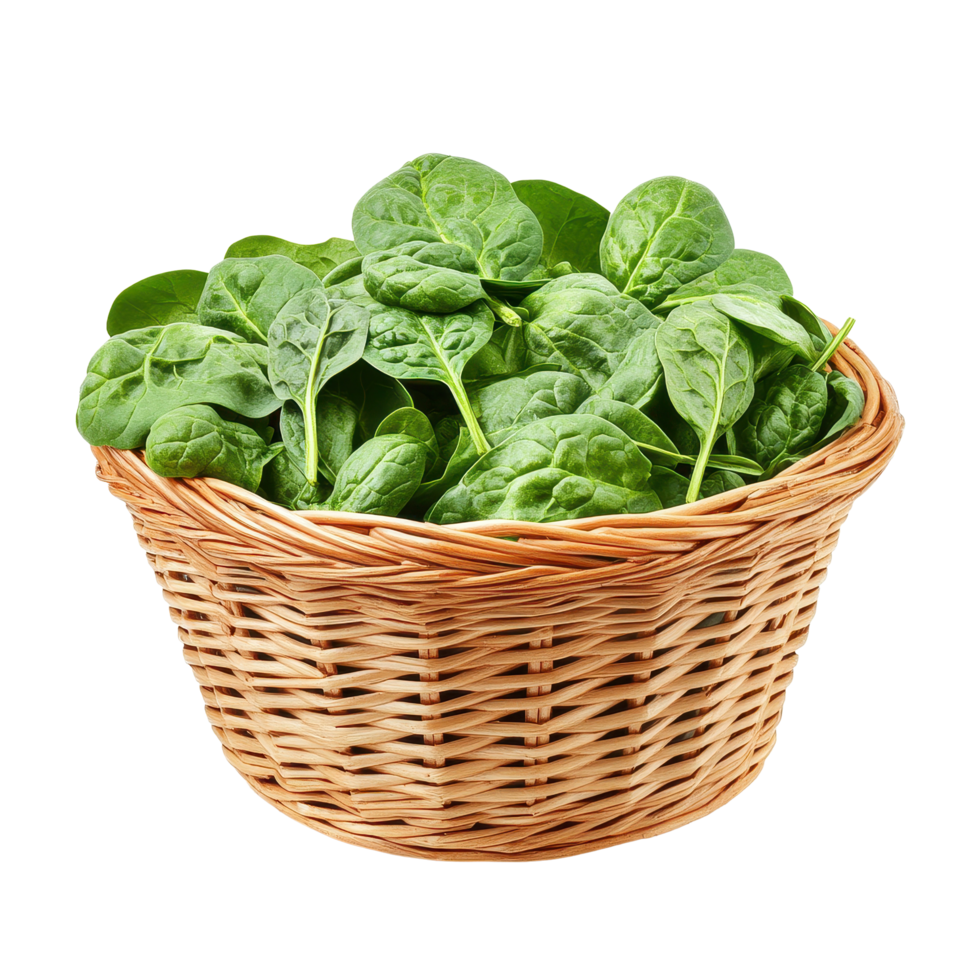Fresh spinach leaves in a woven basket on a clean Transparent background for healthy cooking and recipes, Spinach leaves in basketisolated on background png
