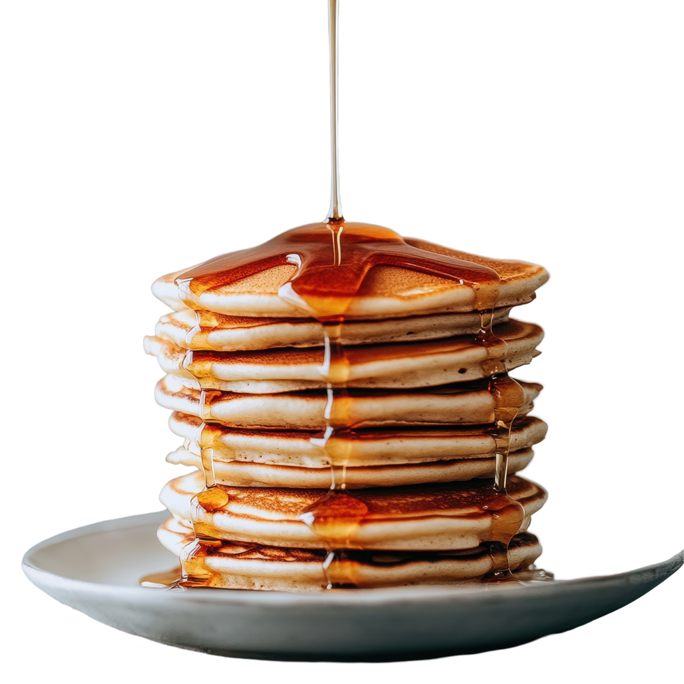 Indulgent stack of pancakes drizzled with golden syrup for a delightful breakfast experience, stack pancakes with syrup and syrup drizzle on top, Transparent background, background png