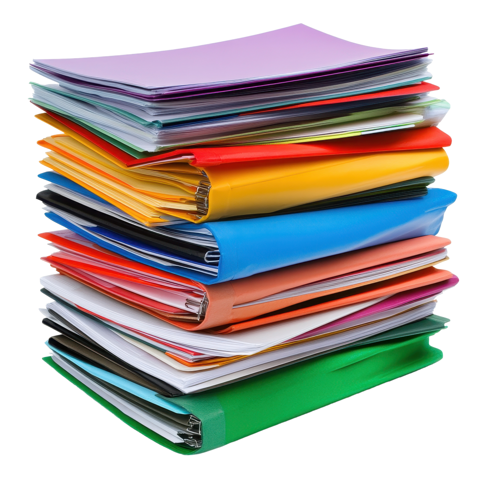 Stacked document files in various colors on a clean Transparent background for organizational purposes, Stack Documents , Files, background png
