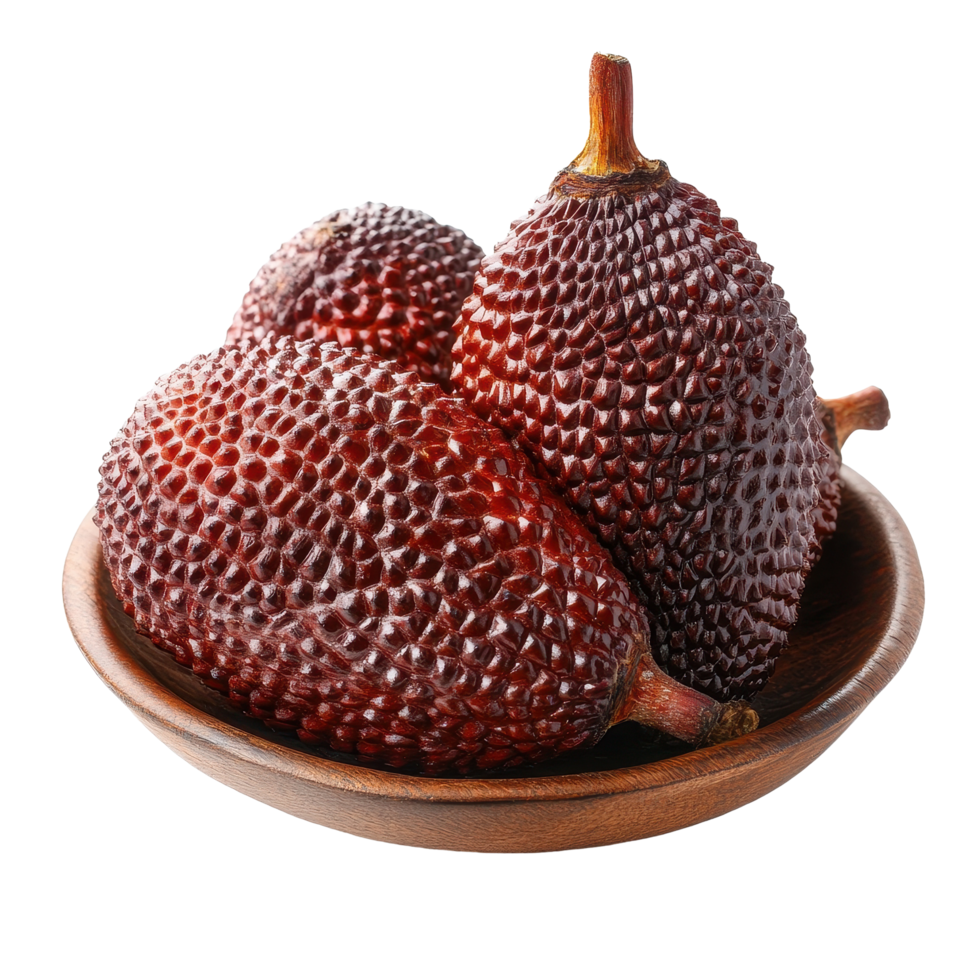 Salak fruit displayed in a wooden bowl on a Transparent background, Salak fruit, Salacca zalacca in plateisolated on background png