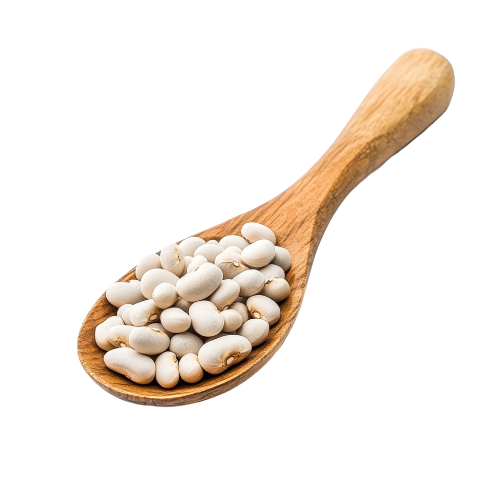 White beans in a wooden spoon on a clean Transparent background for culinary uses, white beans in wood spoon isolated on background png