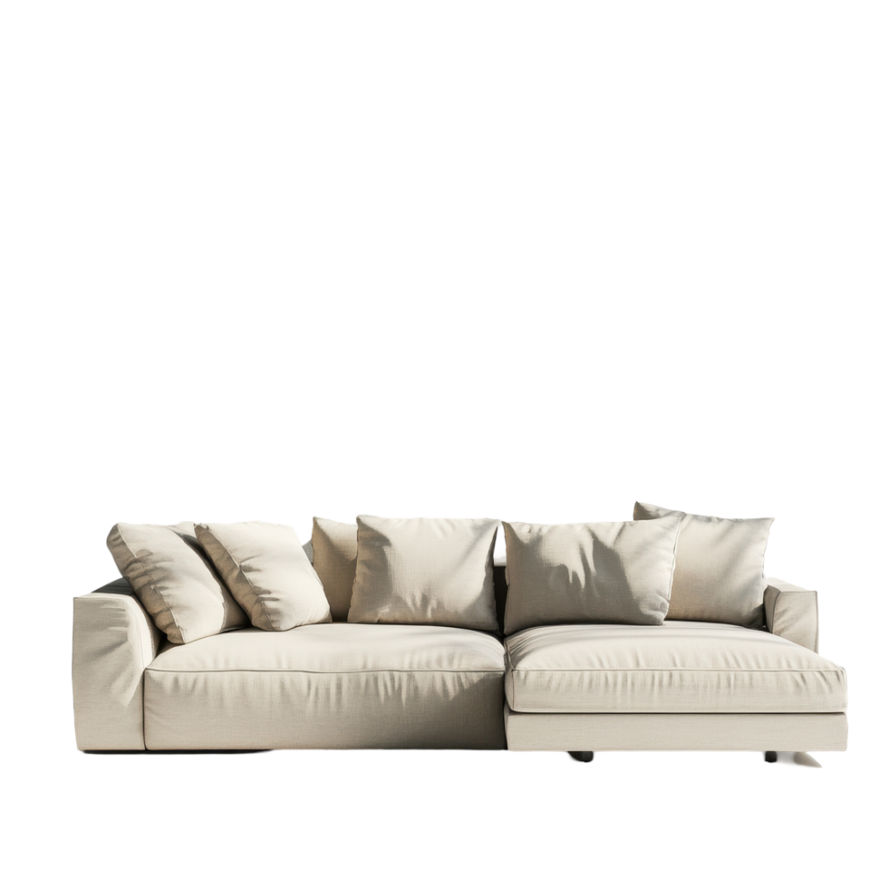 Stylish beige sofa with cushions and vibrant green plants on a bright Transparent background, Sofa and plant on png