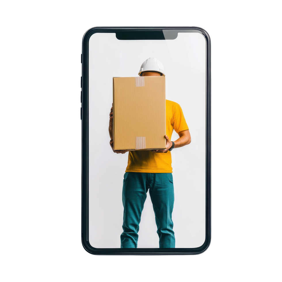 Delivery person holding a box while standing against a Transparent background during daytime work, background a delivery person with a box on a smartphone screen on isolated png
