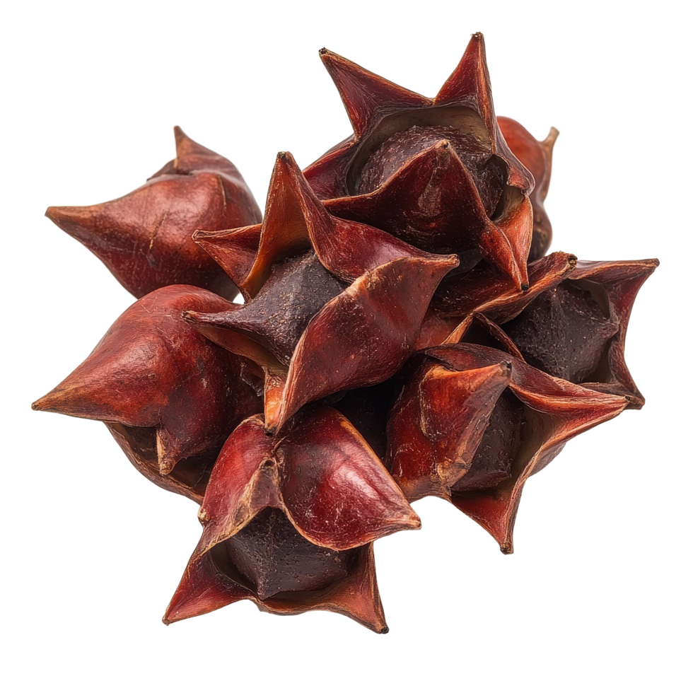 Unique water caltrop nuts displayed on a Transparent background showcasing their distinct shape and color, Water caltrop or horn chestnut or water chestnut isolated on background png