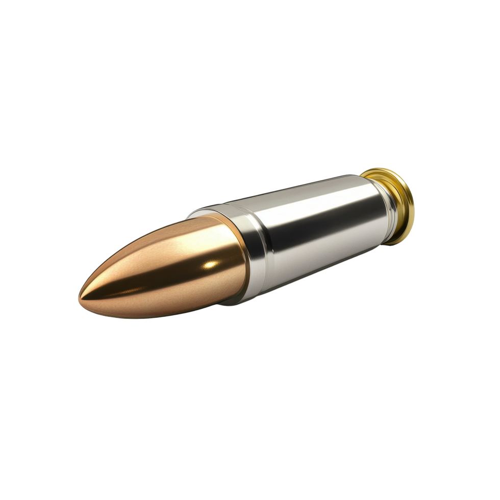 Speeding bullet side view with metallic casing and pointed tip isolated on Transparent background, Speeding Bullet Side View Isolated on png