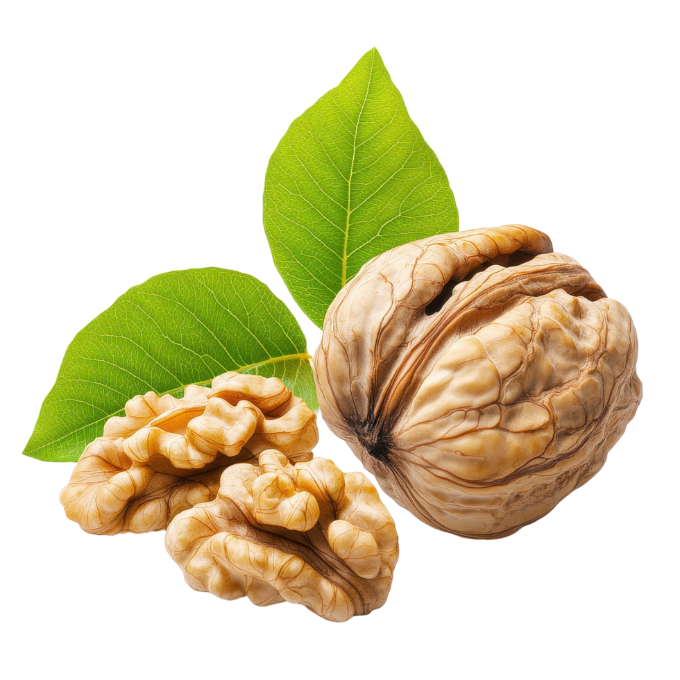 Walnuts with leaves isolated on a Transparent background showing natural textures and colors, walnuts isolated on png