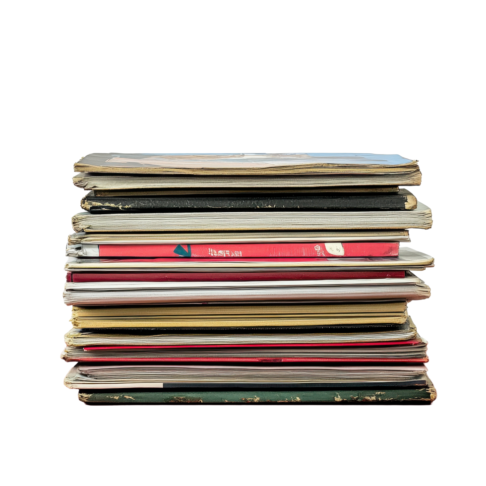 Old magazines stacked neatly on a red table against a Transparent background, stack old magazines on a red table, png