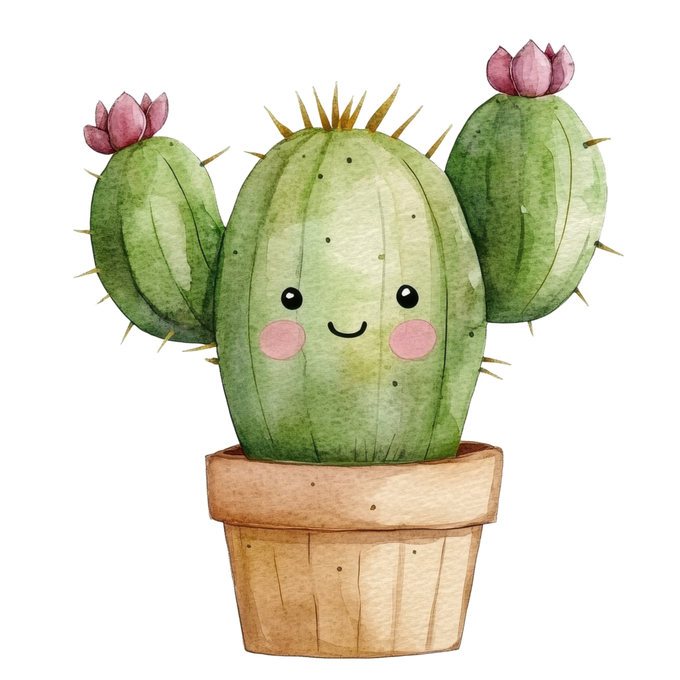 Cute watercolor cactus illustration featuring happy expression and blooming flowers in a small pot, Watercolor kawaii cute cactus illustration isolated on Transparent background png