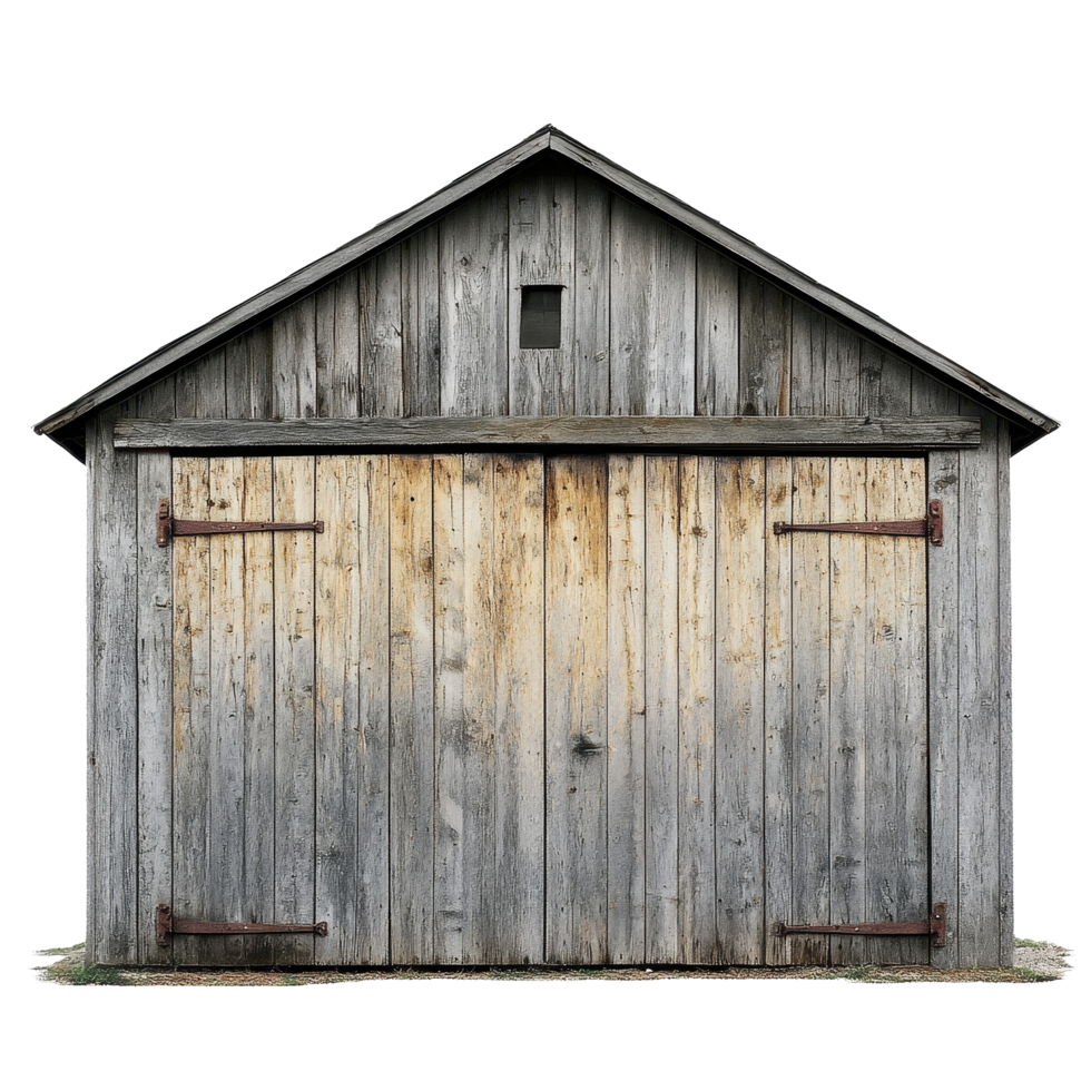 Weathered wooden shed with sliding double doors stands in quiet solitude against a bright sky, Weathered Wooden Shed with Doors Each Sliding to One Side, Transparent background png