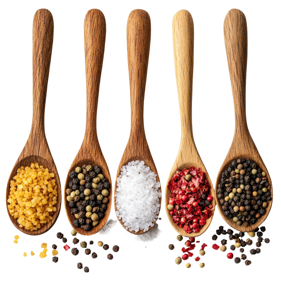 Different types of salt and pepper presented in wooden spoons on a Transparent background for culinary use, spoons with different pepper and salt isolated on white, top view with background png