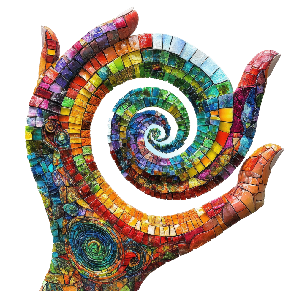 Vivid mosaic art displays a hand holding a colorful spiral shape in bright patterns, Vivid Mosaic Art Hand Holding a Colorful SpiralShaped Structure Swirling Patterns, Transparent background png