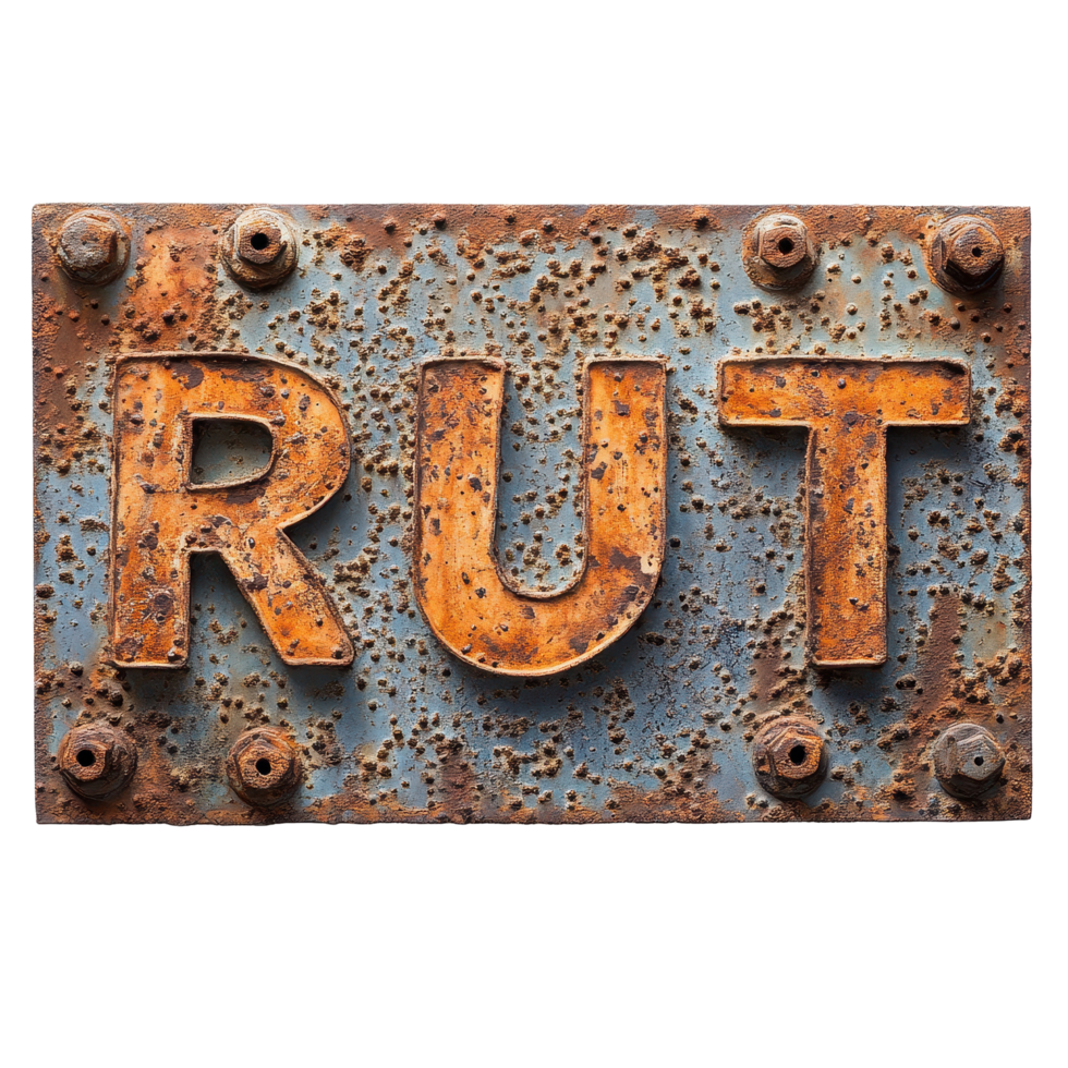 Rusted metal sign displaying the word rust found in an abandoned industrial area, rusted metal sign with the word rust written on it, Transparent background png